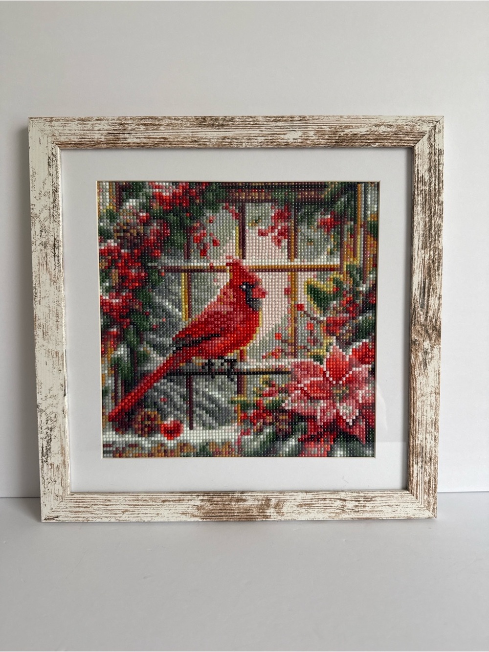 Framed Red Cardinal Holiday Wall Art - Rustic White Frame